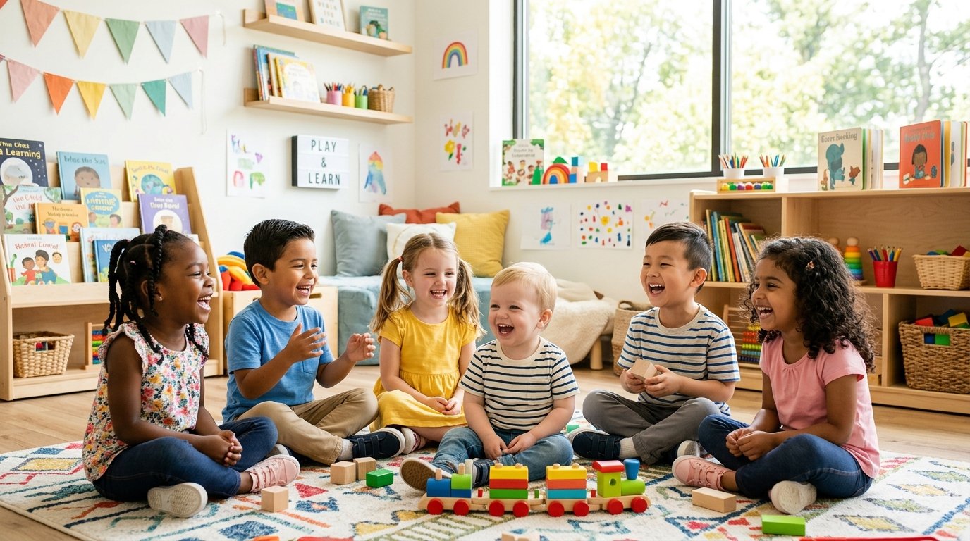 Happy Children Playing in Clean Childcare Daycare Center